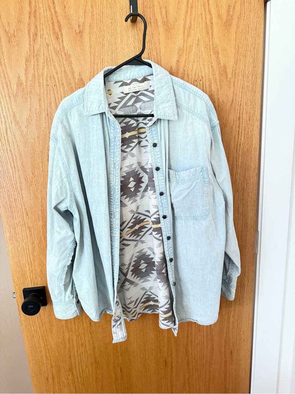 We The Free Light Blue Denim Shirt Jacket with Aztec Lining